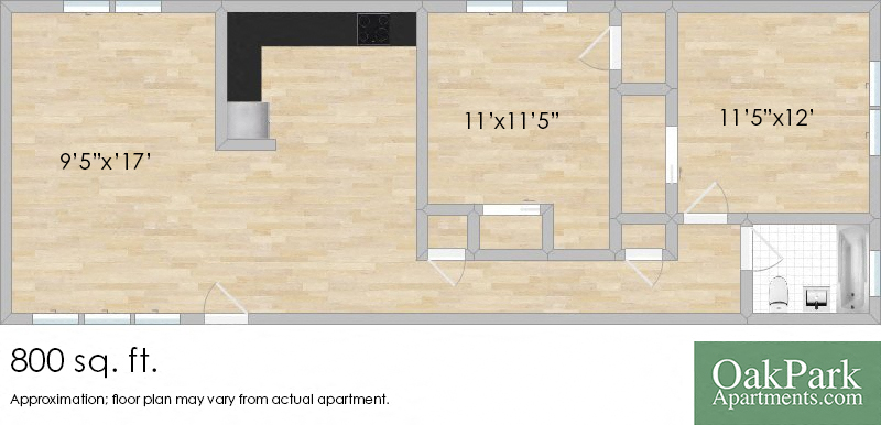 Floor plan for 2 beds, 1 bath, 800 sqft